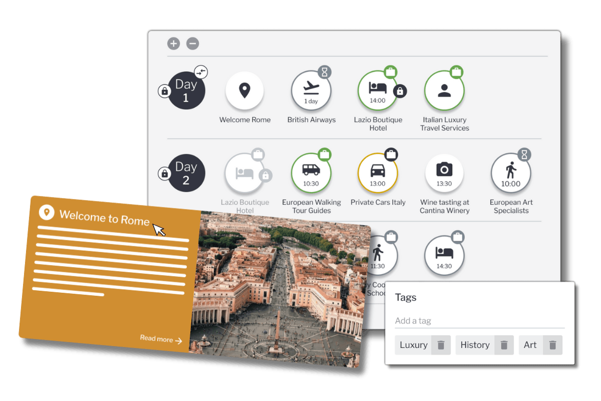 Convert ideas into memories with tour operator software postcard itinerary design with tags and itinerary builder display
