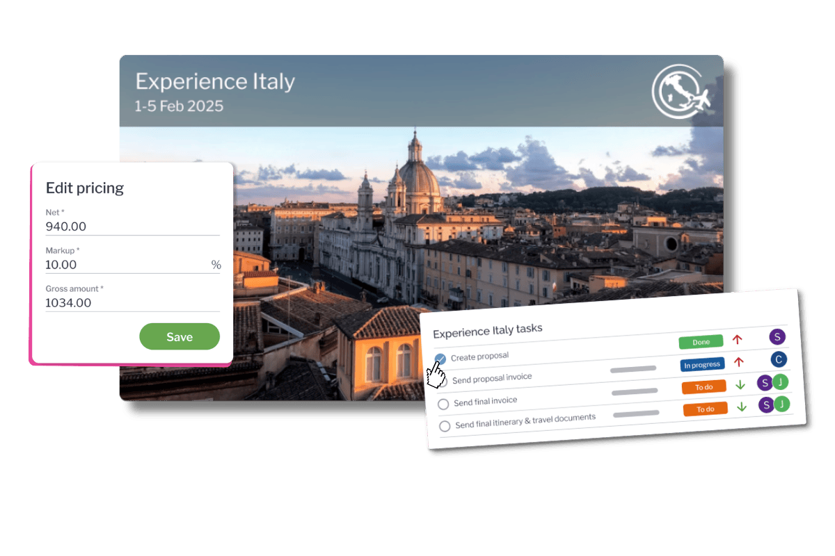 Italy itinerary preview with edit pricing functionality and travel designer task list