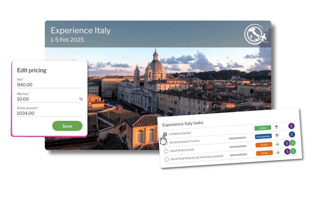 One platform will do it all Italy itinerary preview with edit pricing functionality and travel designer task list