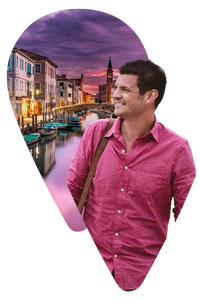 Man wearing pink shirt looking at a image of Venice Italy