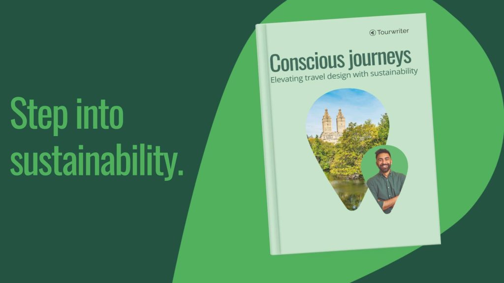 Words step into sustainability with a green background and a book cover with a smiling man and image of lake in a park on the front