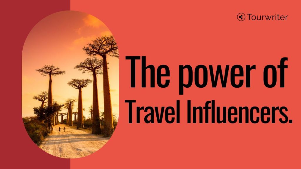 A red background with an image of two children running between trees in Madagascar with the words the power of travel influencers.