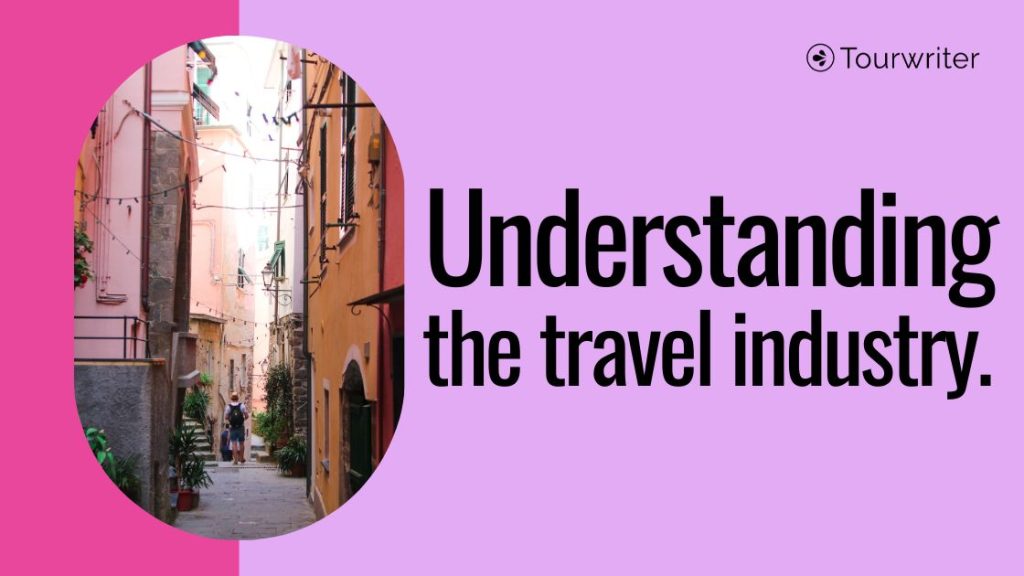 short definition of travel industry A traveller exploring an alleyway with pink buildings, and the words Understanding the travel industry.