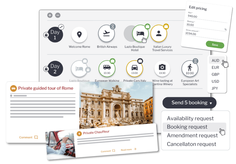 Screenshot of bookings and pricing features itinerary Builder Software for Tour Operators 