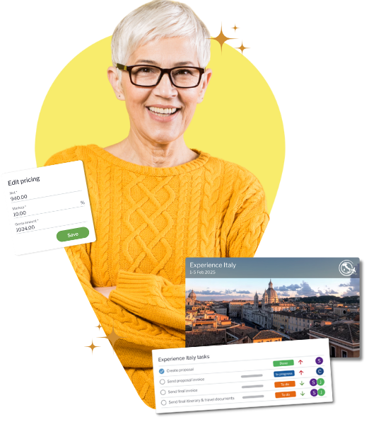 Confident tour operator surrounded by her software