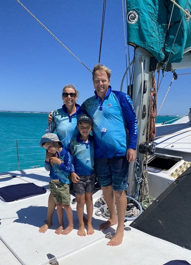 Lannie and Luke Riley, co-owners of Sail Ningaloo, aboard Shore Thing